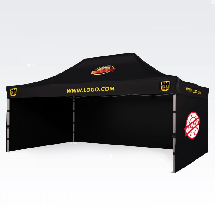 Pop up-tält med reklam för festivaler